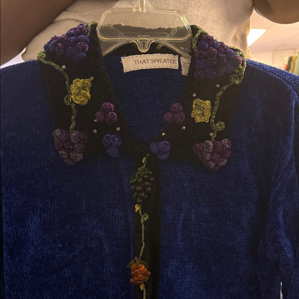 Women's Blue Sweater with Embroidered Collar